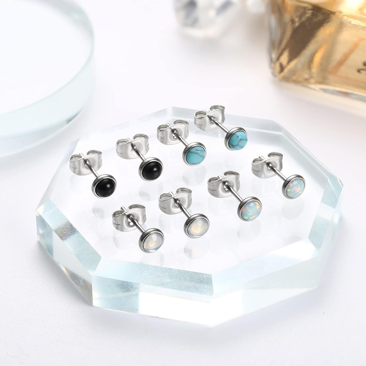 Mondstein Opal Türkis Ohrstecker Set Damen 4 Paar Hypoallergener Chirurgenstahl