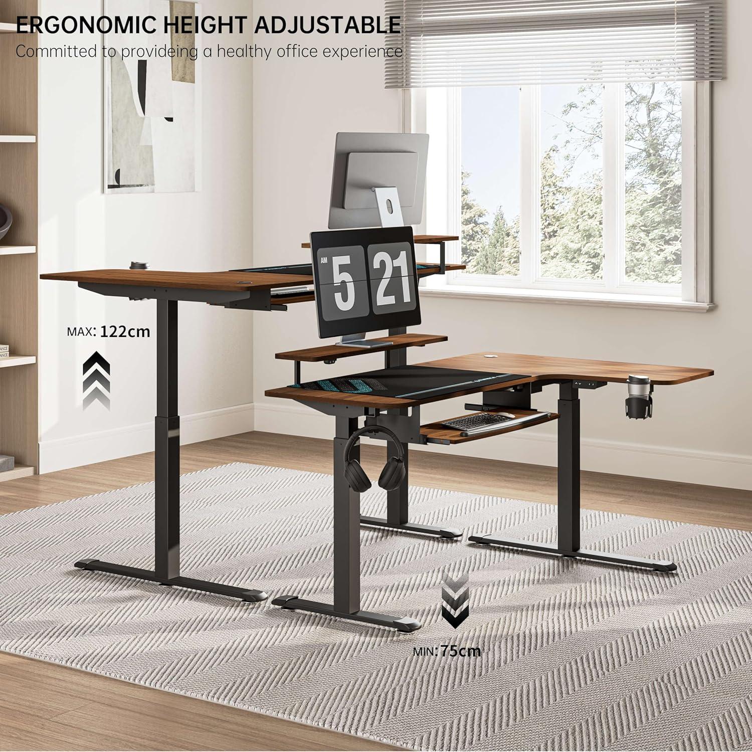 Höhenverstellbarer Eckschreibtisch 155x110 cm L-Form LED Tastaturablage