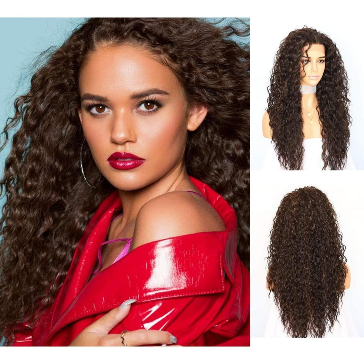 Lockige Lace Front Perücke Braun 26 Zoll Synthetisch Hitzebeständig