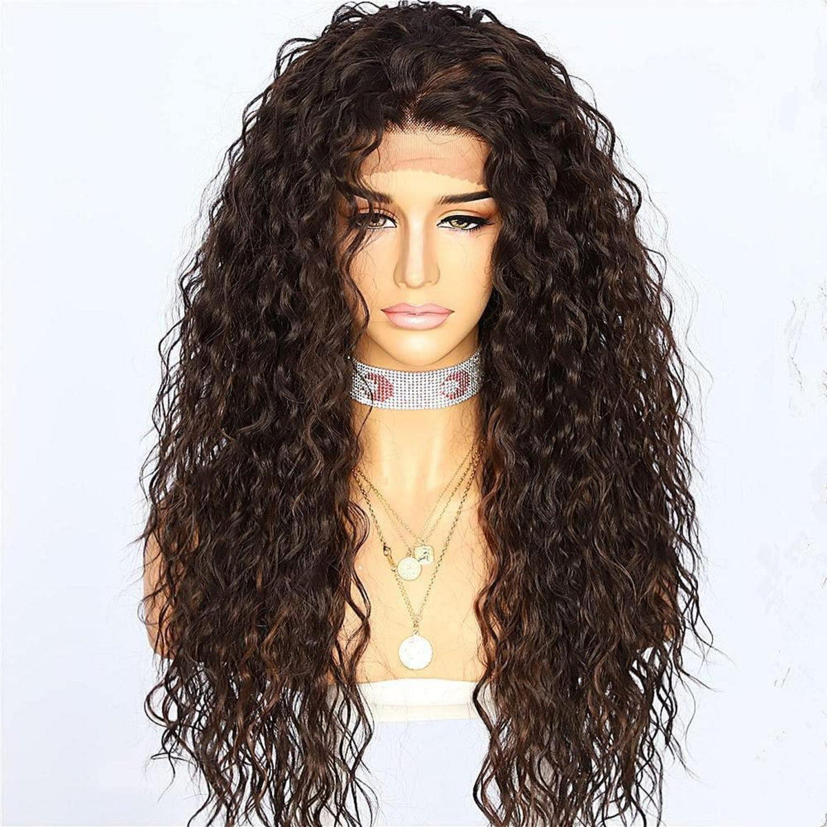 Lockige Lace Front Perücke Braun 26 Zoll Synthetisch Hitzebeständig