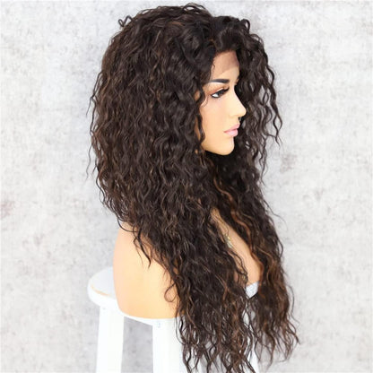 Lockige Lace Front Perücke Braun 26 Zoll Synthetisch Hitzebeständig