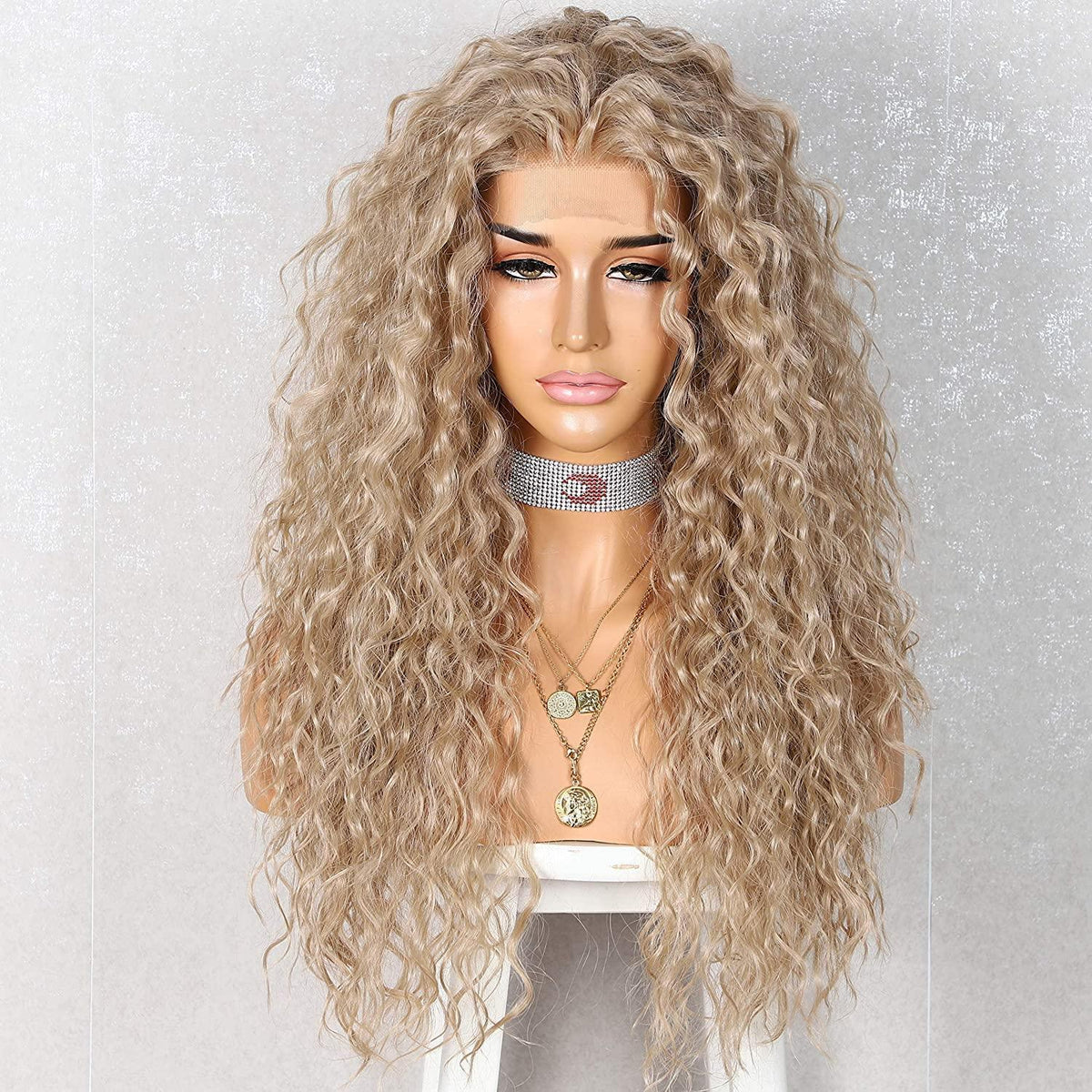 Lockige Lace Front Perücke Asche Gold – Synthetisch & Hitzebeständig 26 Zoll