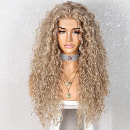 Lockige Lace Front Perücke Asche Gold – Synthetisch & Hitzebeständig 26 Zoll