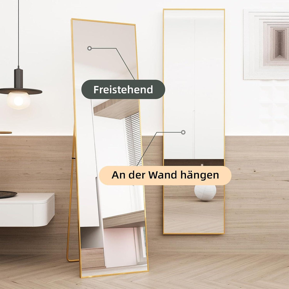 Ganzkörperspiegel Standspiegel Gold 150x40cm | Lehnbar & Wandmontage