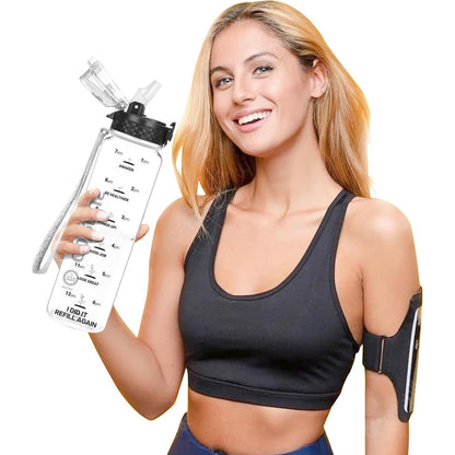 1L Sport Wasserflasche mit Strohhalm und Zeitmarkierungen