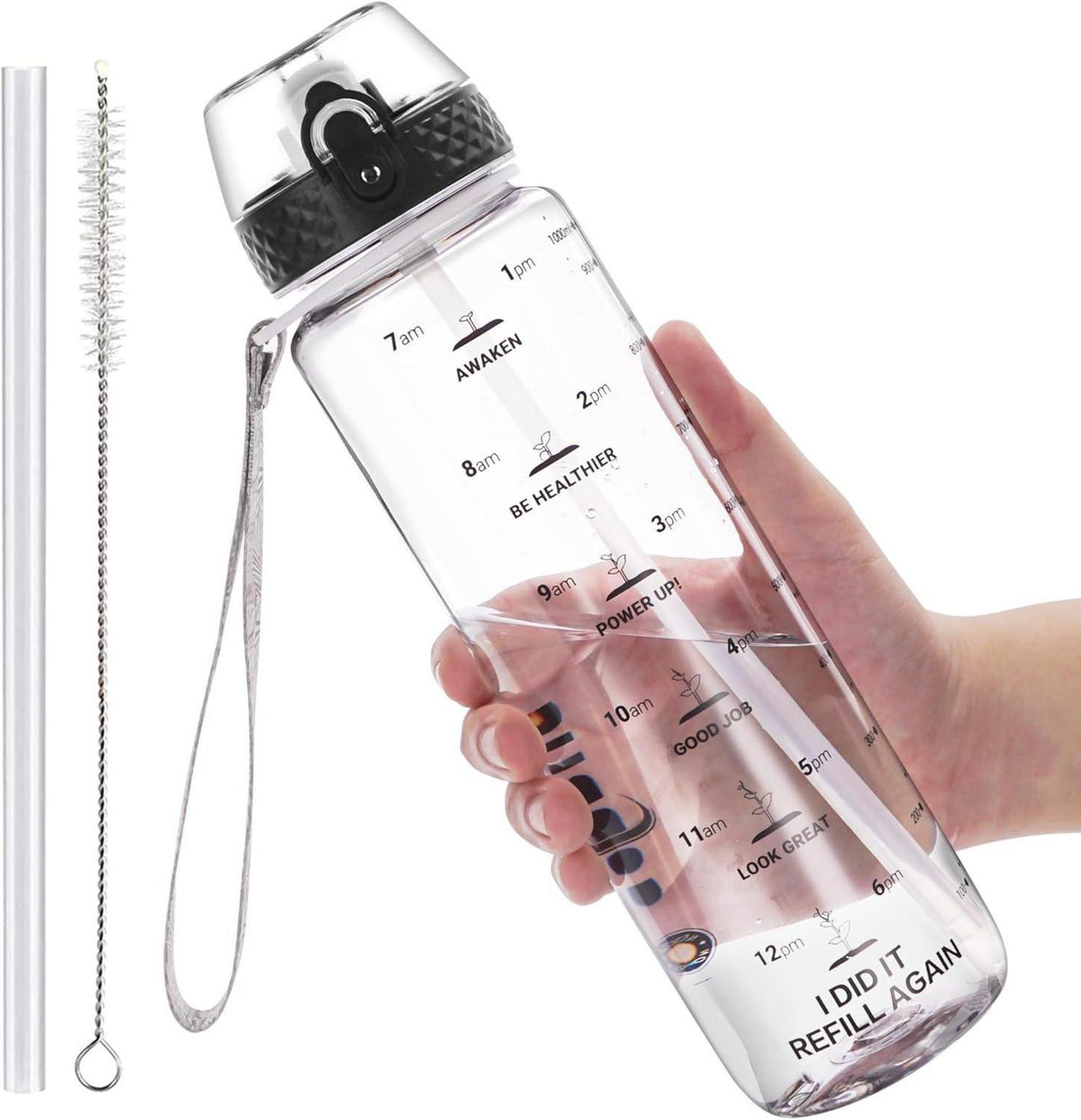 Sport Wasserflasche mit Strohhalm und Zeitmarkierungen