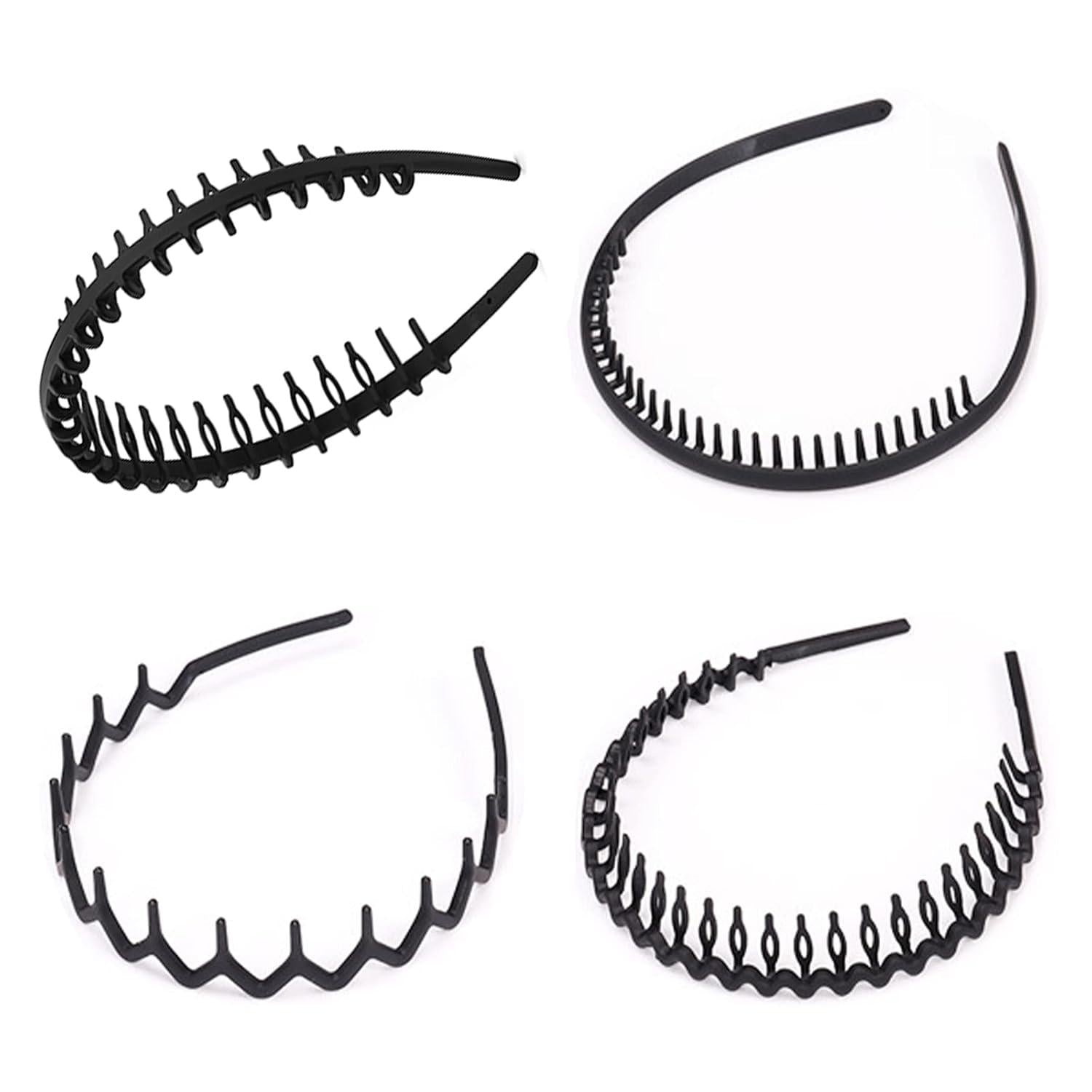 Elastisches Haarband 4er Pack Matt Schwarz Zickzack Sport Haarreifen
