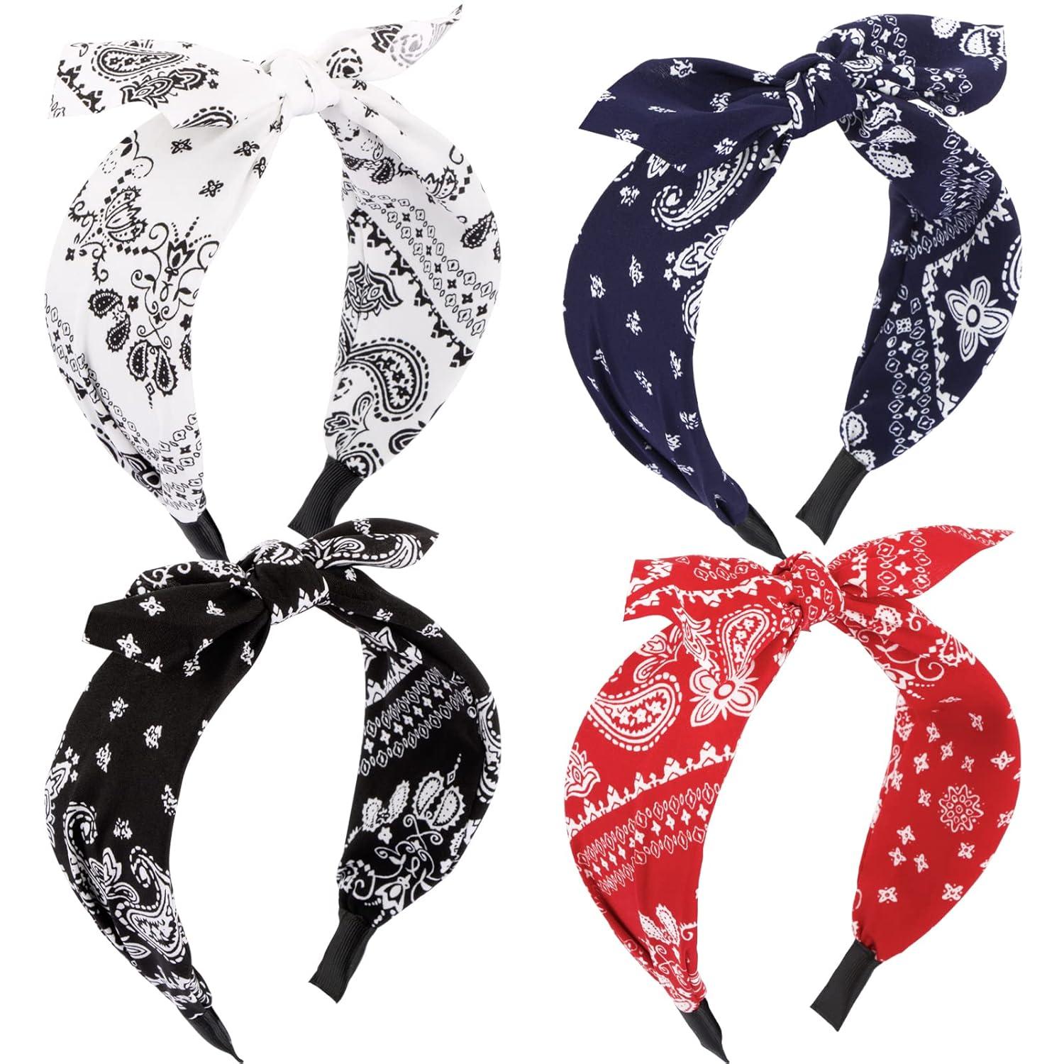 4Stk. Haarreifen Damen Stirnband Schleife Vintage Kopfband Rockabilly - Rot Schwarz Weiß Dunkelblau