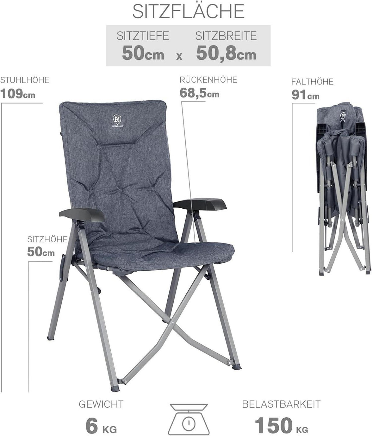 Faltbarer Campingstuhl Rückenverstellbar 4 Positionen 150 KG