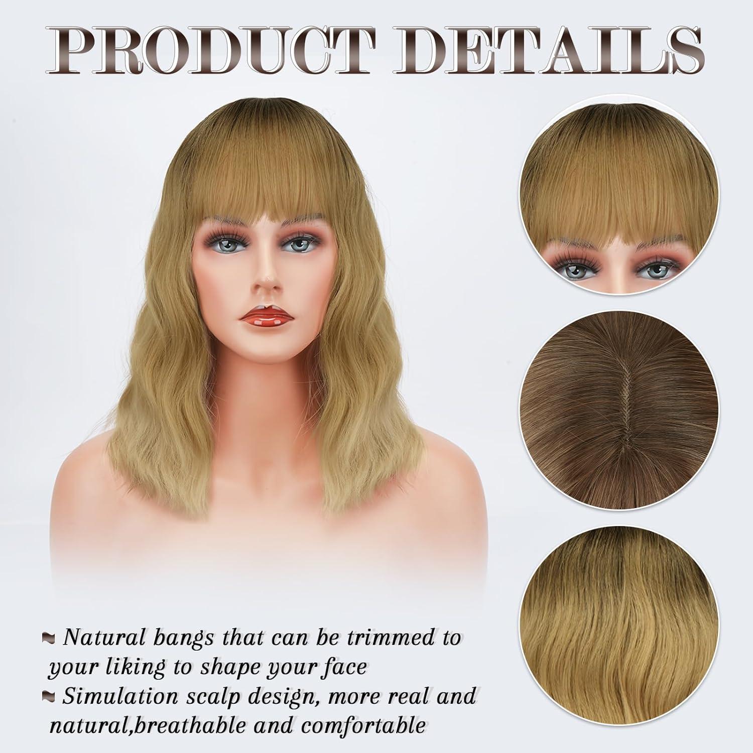 Barsdar Kurze Bob Perücke mit Pony lockige synthetische Cosplay Perücke - Bunte natürliche Perücke