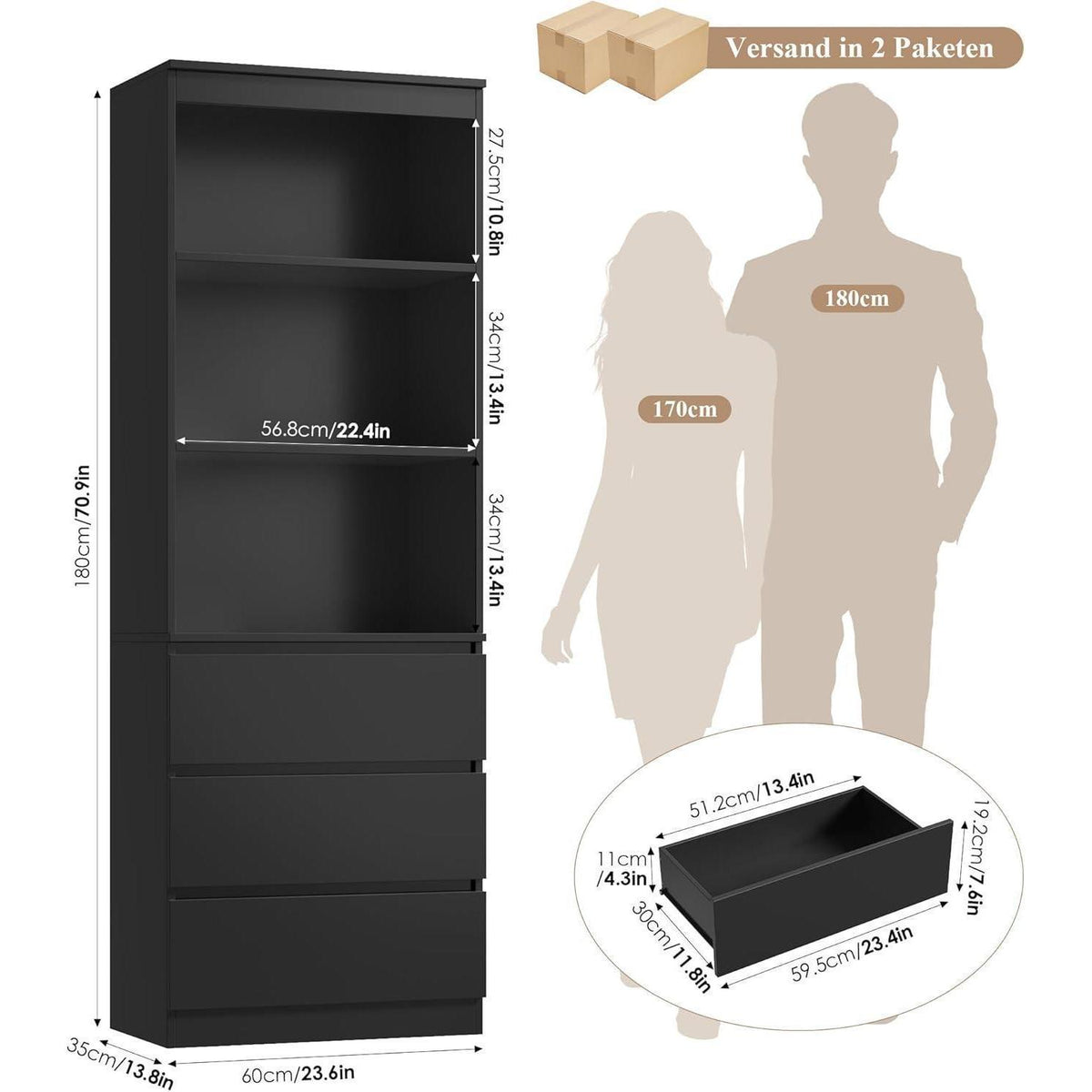 Bücherregal mit 3 Schubladen & Fächern – 180 cm Hochschrank