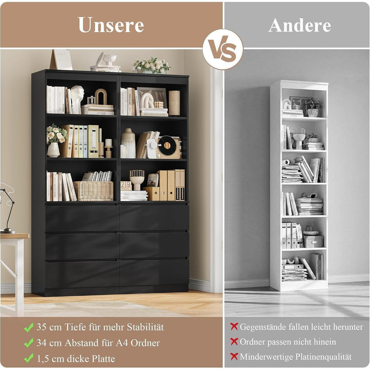 Bücherregal mit 3 Schubladen & Fächern – 180 cm Hochschrank