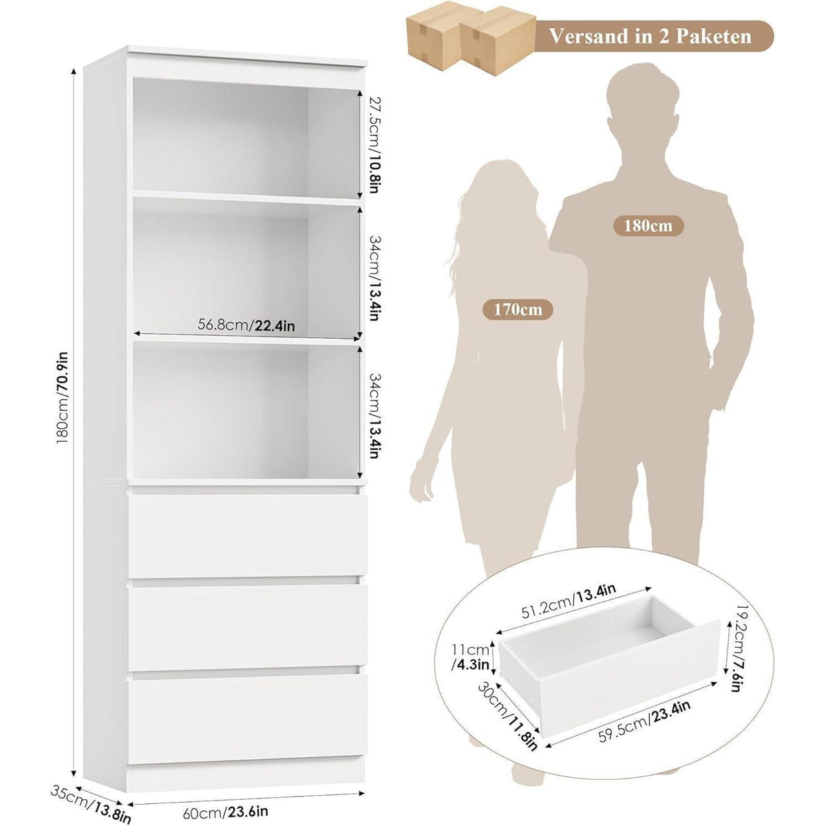 Bücherregal mit 3 Schubladen & Fächern – 180cm Weiß