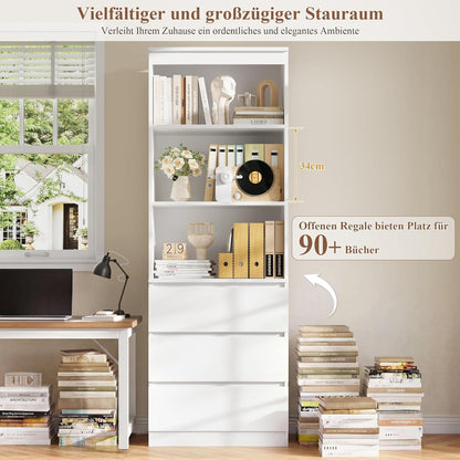 Bücherregal mit 3 Schubladen & Fächern – 180cm Weiß
