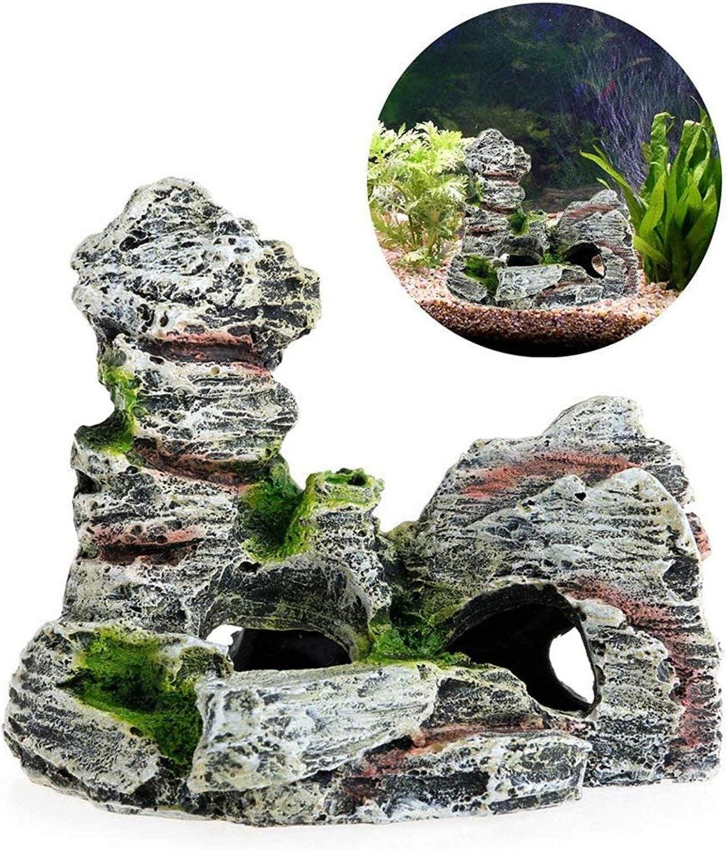Aquarium Rock Cave Dekoration mit Grünem Gras 2er Set