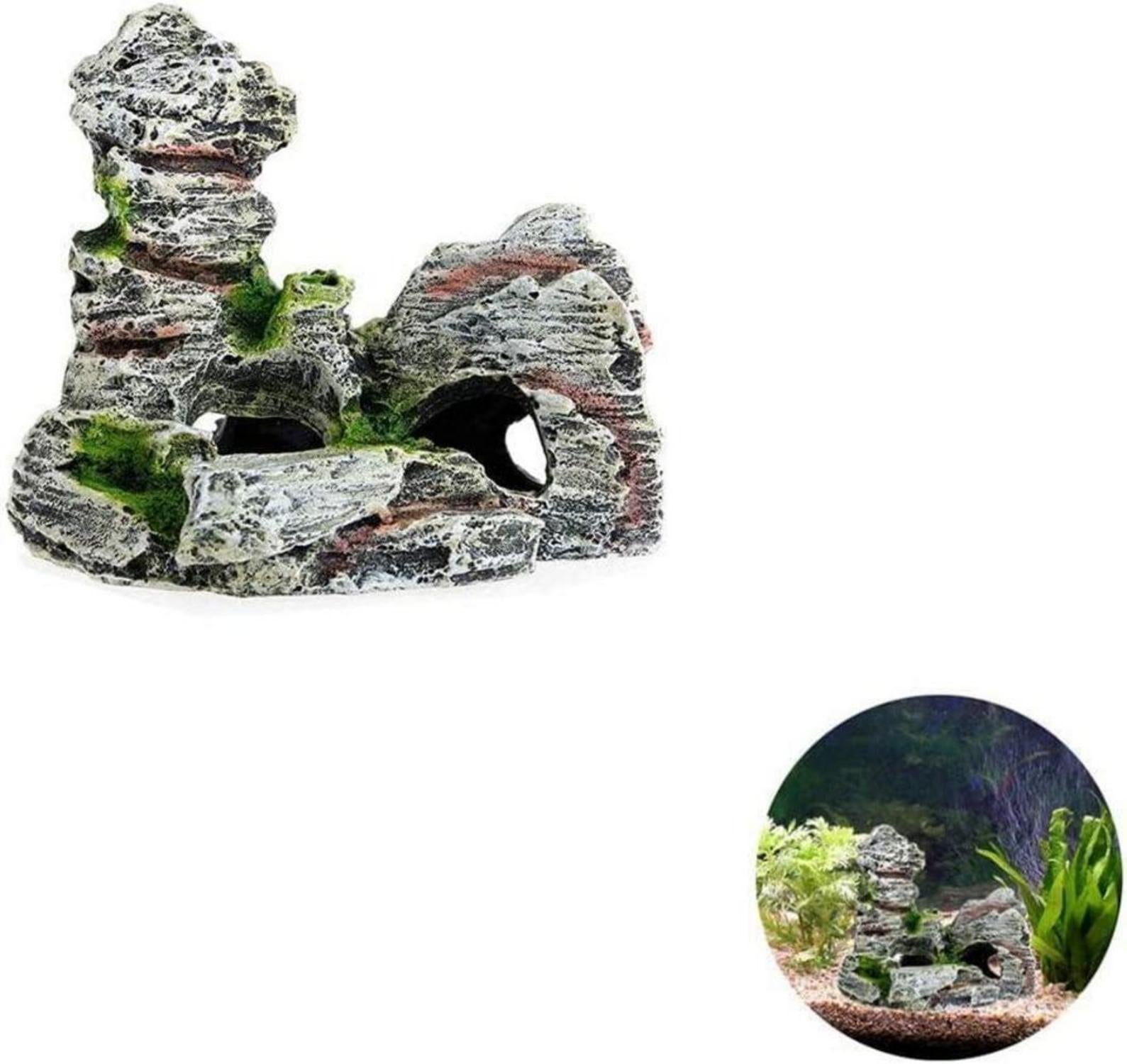 Aquarium Rock Cave Dekoration mit grünem Gras für Fische Garnelen 2 Stück