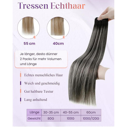 Echthaar Tressen Schwarz Balayage Silber 60cm - 100g
