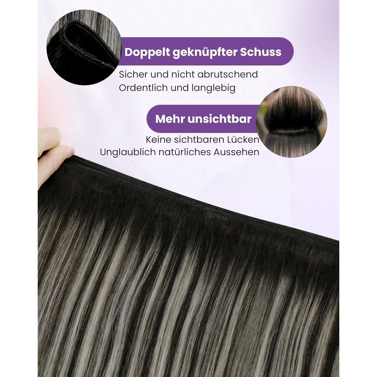 Echthaar Tressen Schwarz Balayage Silber 60cm - 100g
