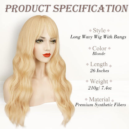 Lange Blond Perücke mit Pony, 66cm Synthetisch Halloween