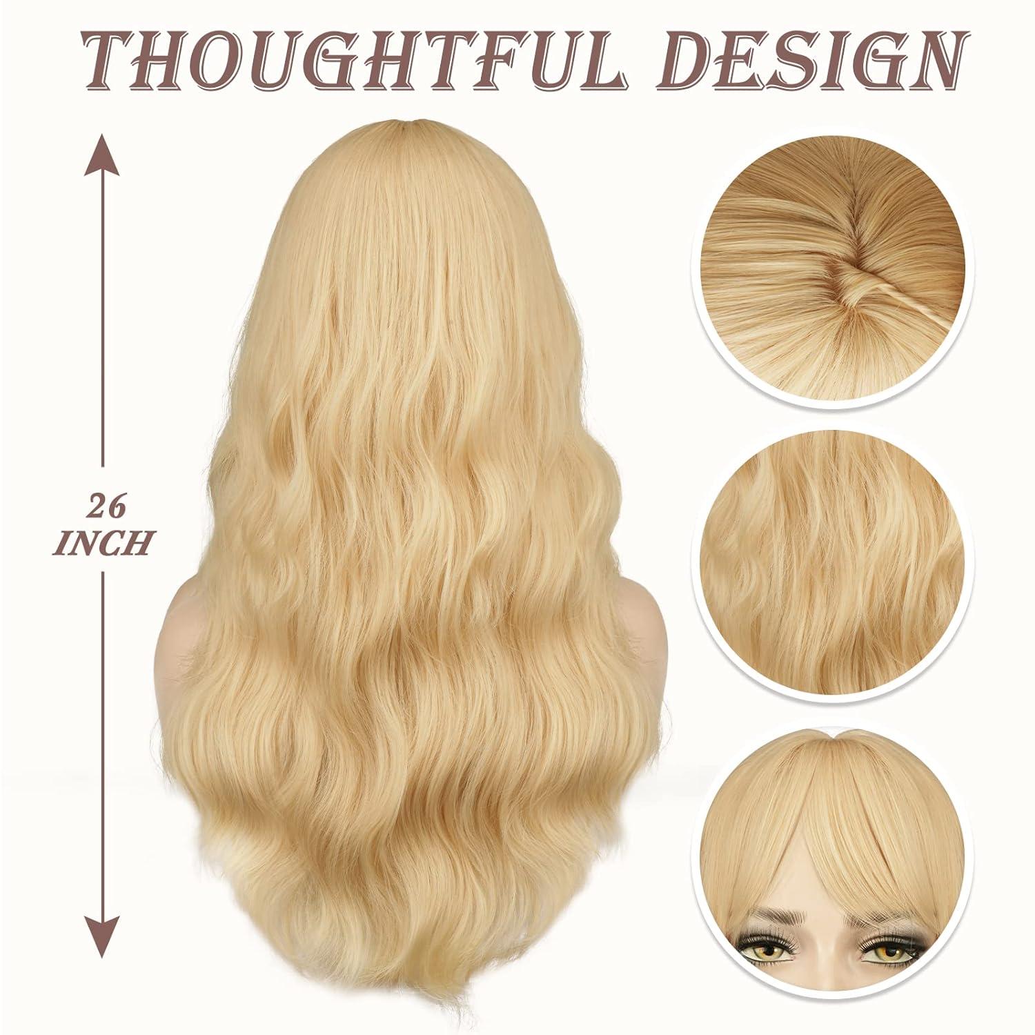 Blonde Lange Gewellte Perücke mit Pony 66cm Synthetisch für Frauen