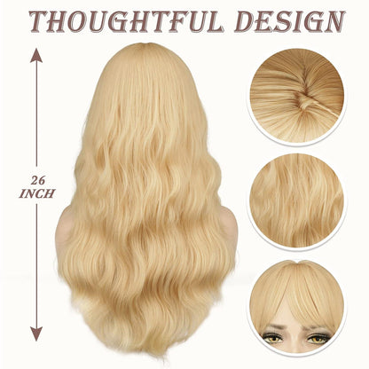 Blonde Lange Gewellte Perücke mit Pony 66cm Synthetisch für Frauen