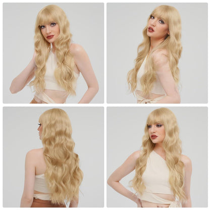 BARSDAR Lange Blond Gewellte Perücke mit Pony, 66cm Synthetische Haar Perücken Cosplay Party
