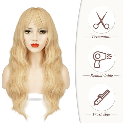 Lange Blond Perücke mit Pony 66cm Gewellt Synthetisch - Cosplay Party