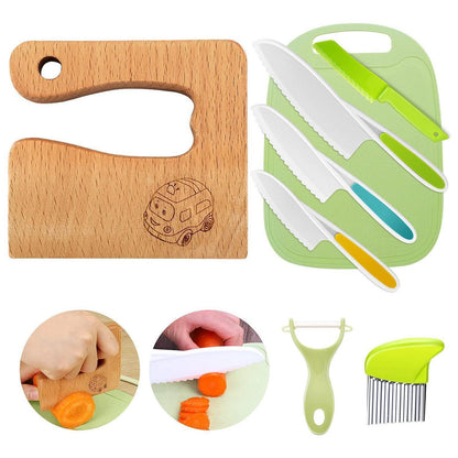 Kindermesser Set 8-teilig | Sicheres Holzmesser & Montessori Schneidewerkzeug