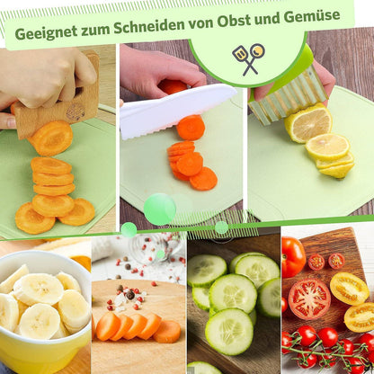Kindermesser Set 8-teilig | Sicheres Holzmesser & Montessori Schneidewerkzeug