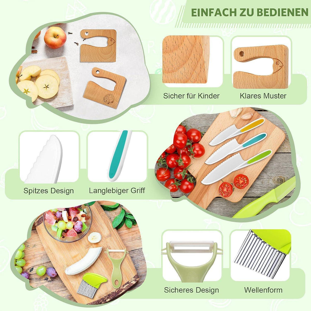 Kindermesser Set 8-teilig | Sicheres Holzmesser & Montessori Schneidewerkzeug