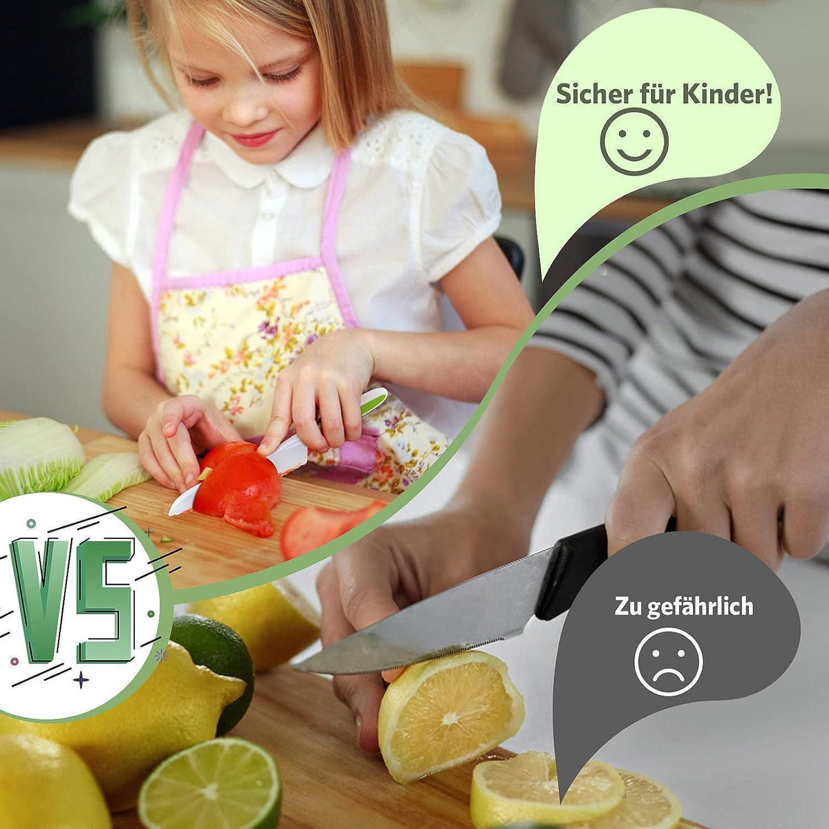 Kindermesser Set 8-teilig | Sicheres Holzmesser & Montessori Schneidewerkzeug