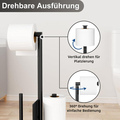 Toilettenpapierhalter Stehend mit WC Bürste und Glasregal - Edelstahl Toilettenbürste Schwarz