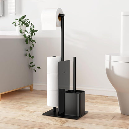 Toilettenpapierhalter mit WC-Bürste, Edelstahl, Stehend, Schwarz, Ohne Bohren