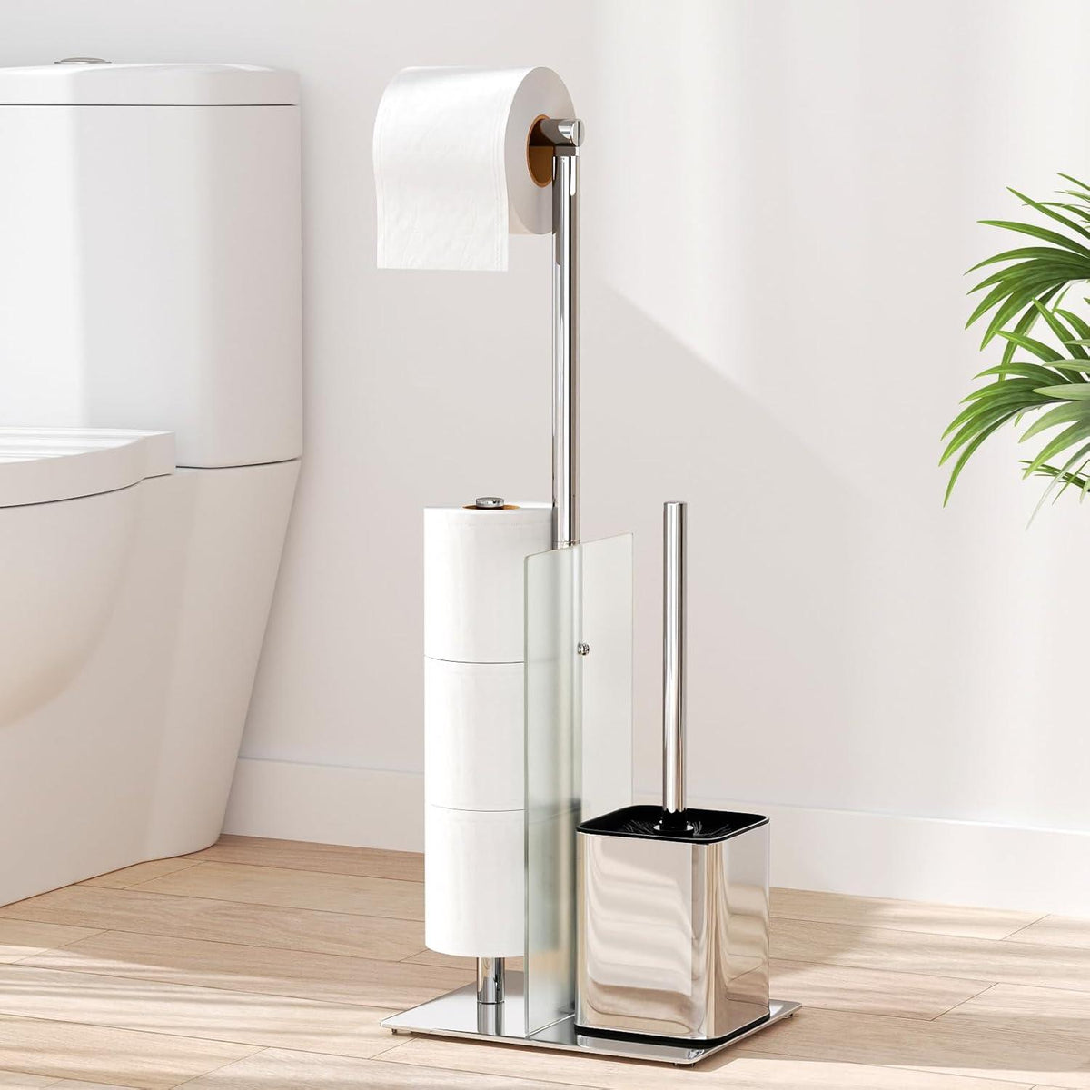Toilettenpapierhalter mit WC Bürste stehend Edelstahl Silber