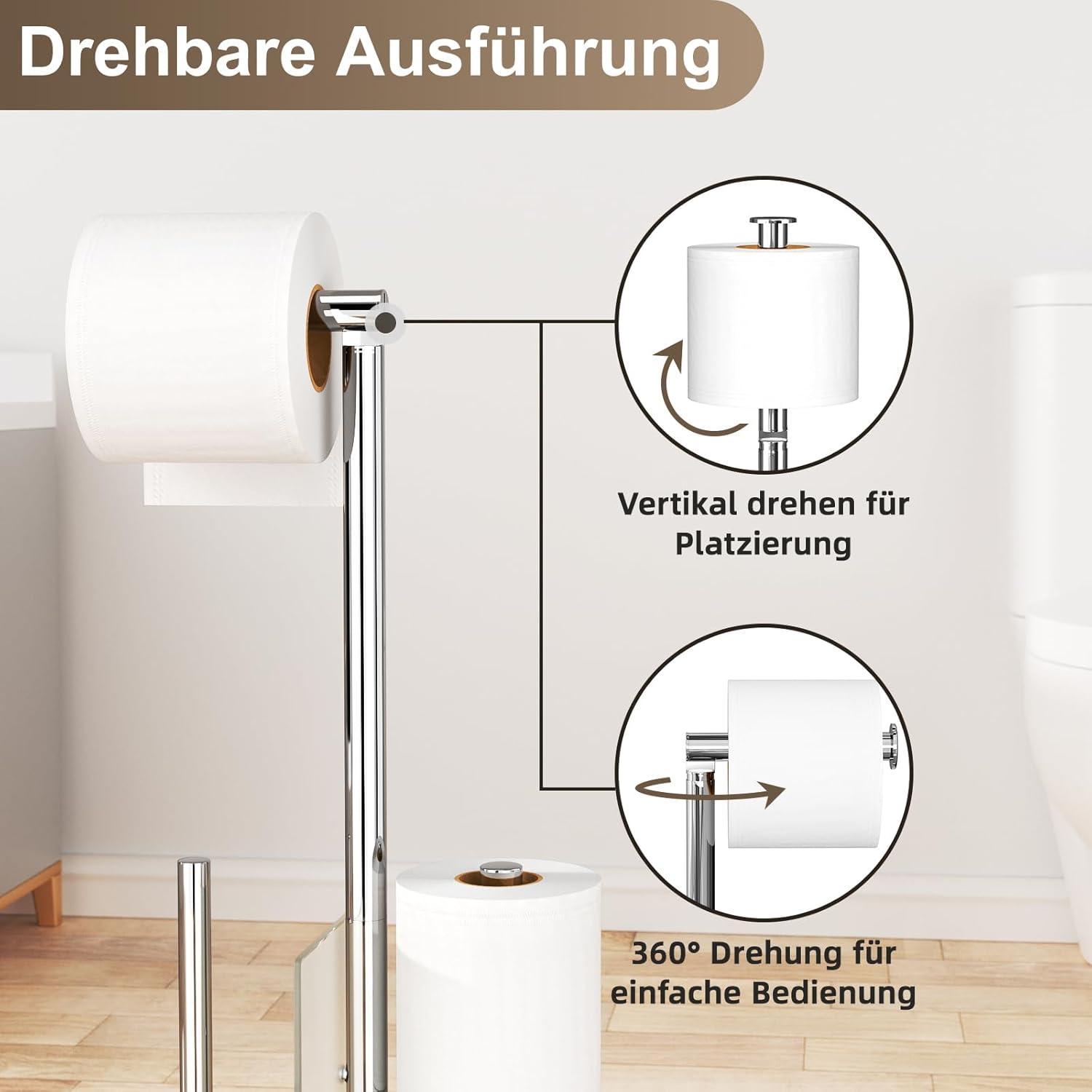 Toilettenpapierhalter Stehend mit WC Bürste und Glasregal Silber