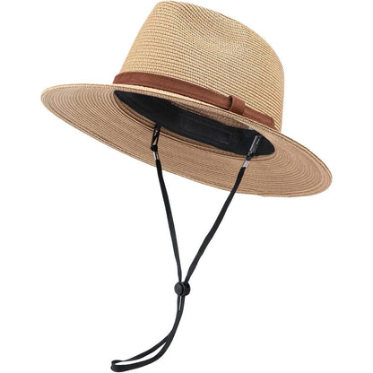 Damen Panama Hut Fedora Sonnenhut Breiter Rand Stroh UPF 50+ Khaki