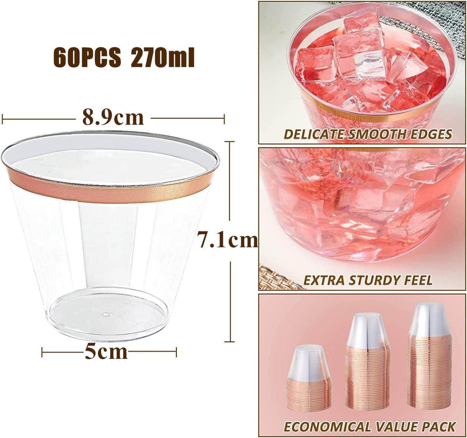 60er Set Elegante Plastikbecher mit Roségoldrand 270ml