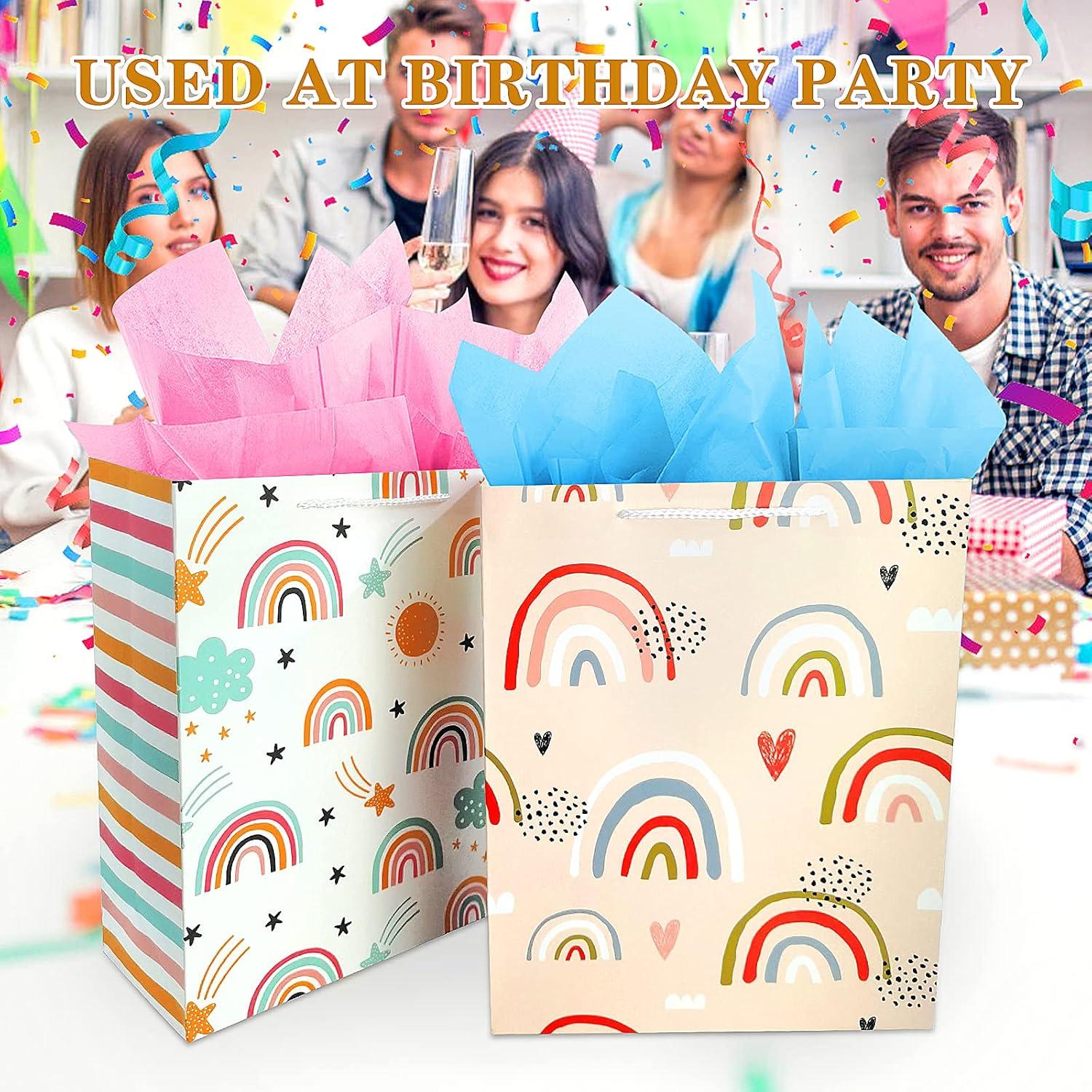 Regenbogen Geschenktüten Set mit Seidenpapier, Kinder Mädchen Geburtstagstüten, Rosa Papier mit Henkel