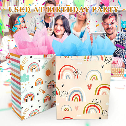 Regenbogen Geschenktüten Set mit Seidenpapier, Kinder Mädchen Geburtstagstüten, Rosa Papier mit Henkel