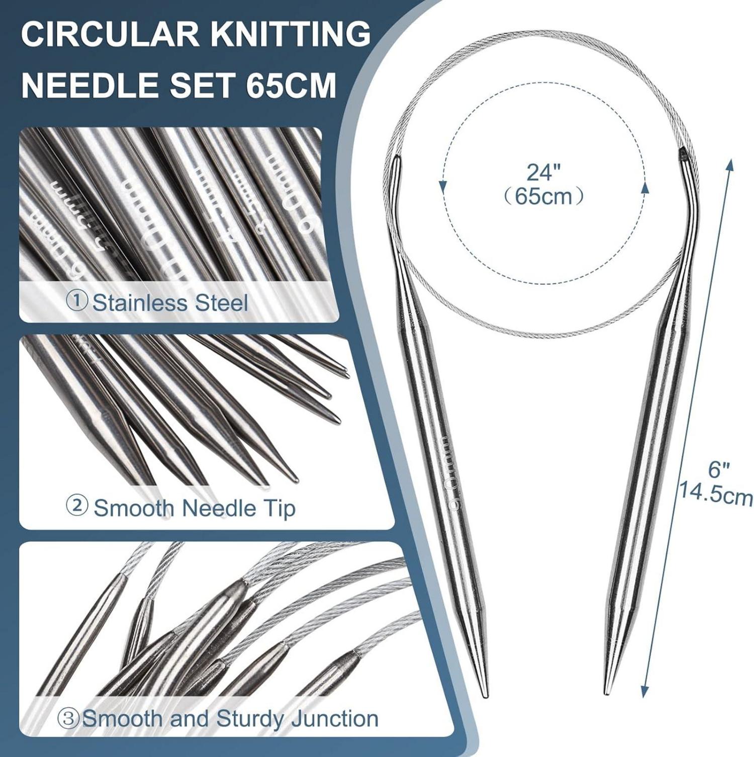 Rundstricknadel Set Edelstahl 60 cm 9 Größe 2,5-10 mm in Etui