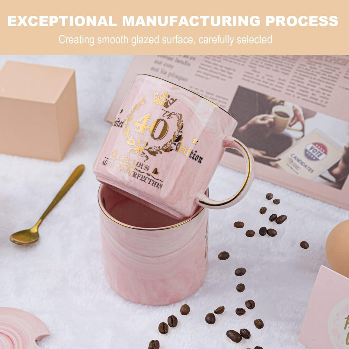 40. Geburtstag Tasse Marmor Keramik mit Golddruck & Geschenkbox