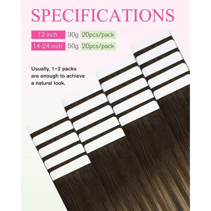 Echthaar Tape Extensions Ombre Dunkelbraun-Blond 35cm