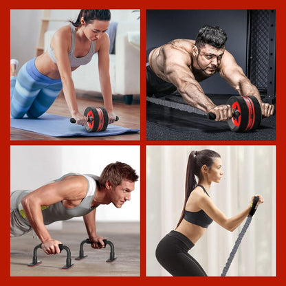 EnterSports Bauchroller 6-in-1 + Fitnessband, Liegestütze, Kniematte, Bauchmuskeltrainer