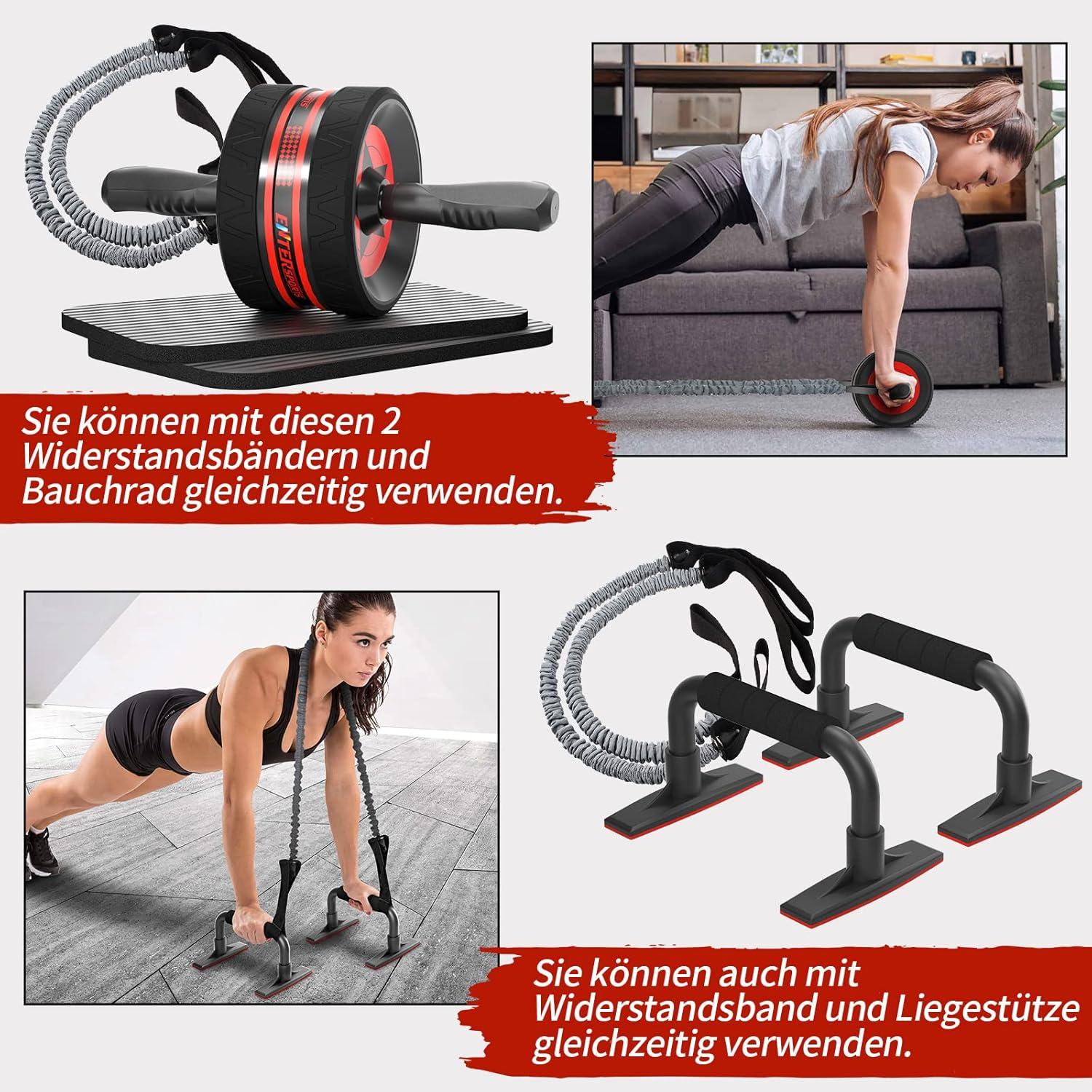 Bauchroller Set mit Fitnessband, Liegestütze, Kniematte - Rot