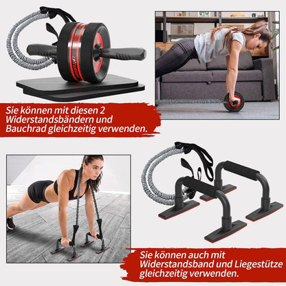 Bauchroller Set mit Fitnessband, Liegestütze, Kniematte - Rot