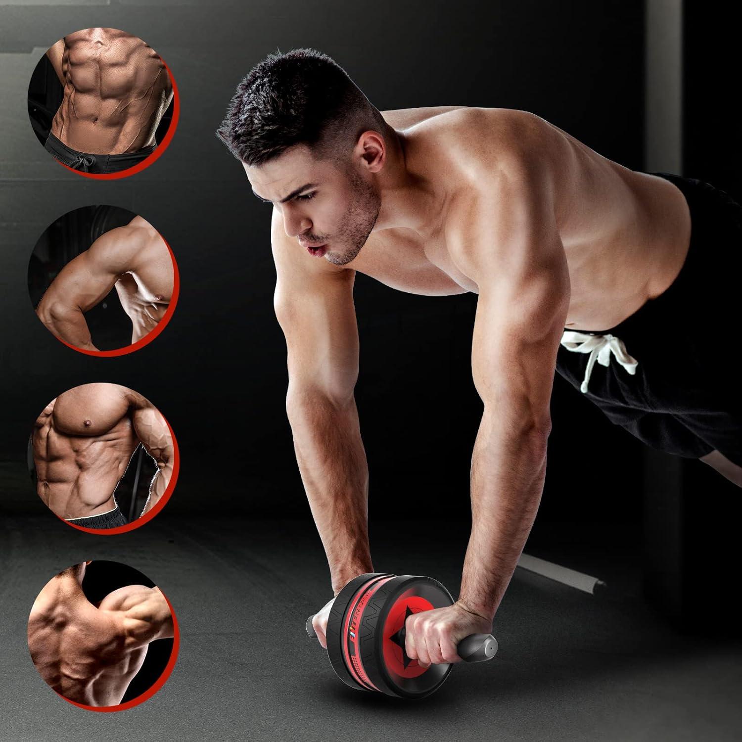 Bauchroller Set mit Fitnessband, Liegestütze, Kniematte - Rot