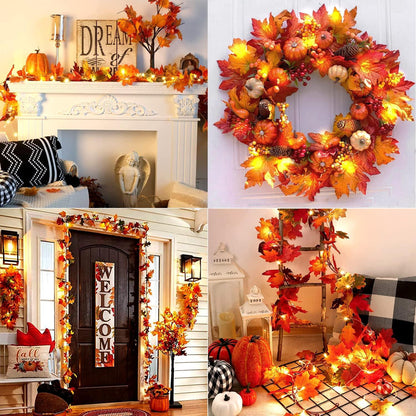 2er Set Herbstblätter Girlande 180cm mit LED Lichterkette - Herbstdeko für Helloween Erntedankfest