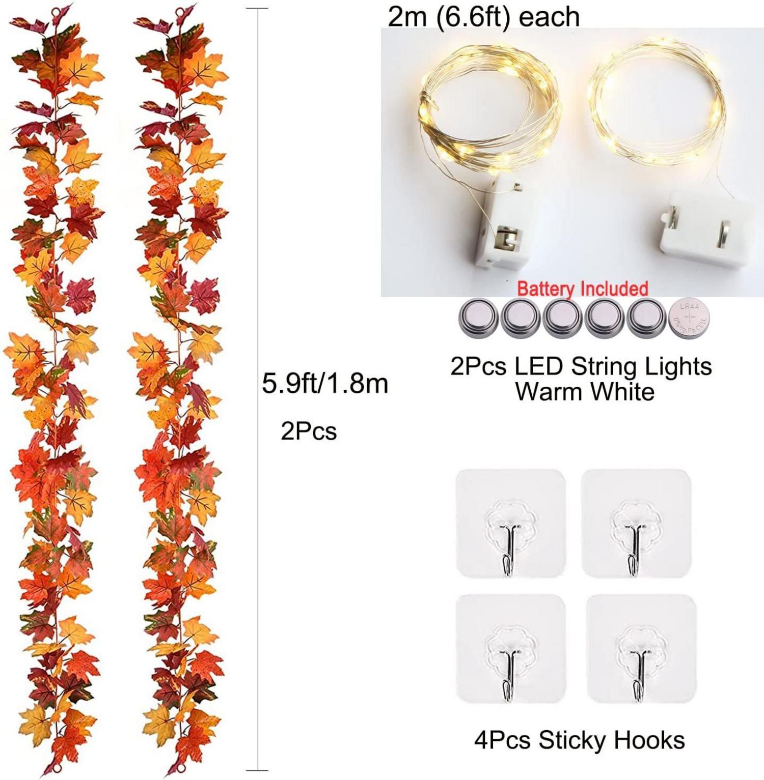 Herbstblätter Girlande 180cm + LED Lichterkette Ahornblatt Deko