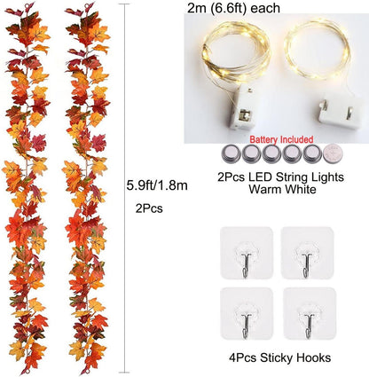 Herbstblätter Girlande 180cm + LED Lichterkette Ahornblatt Deko