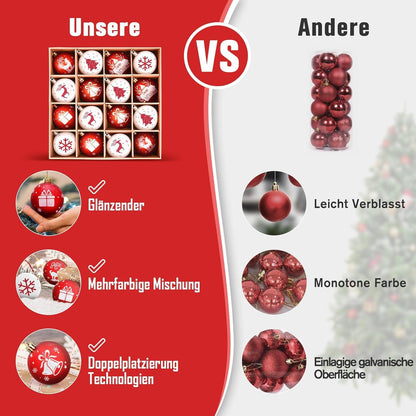 16er Set Weihnachtskugeln Kunststoff Weiß Rot 6CM Christbaumkugeln Festlicher
